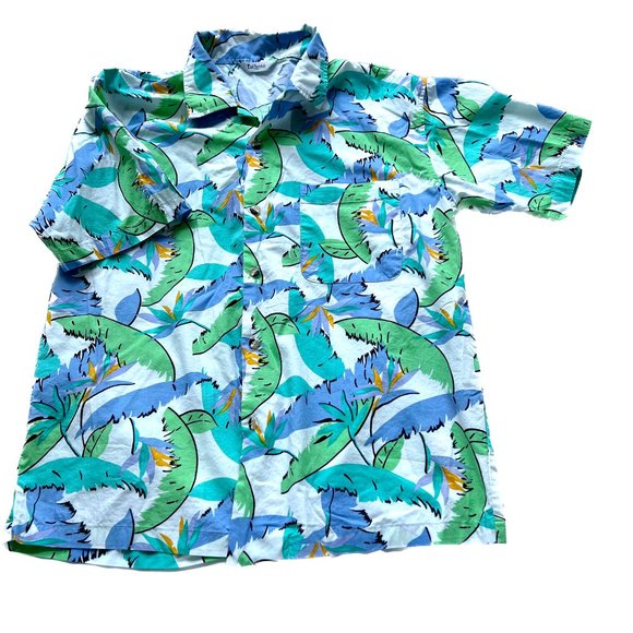 Vintage Esthete Top & Shorts Mens S Womens L Green Blue Tropical Print Cotton - Picture 2 of 7